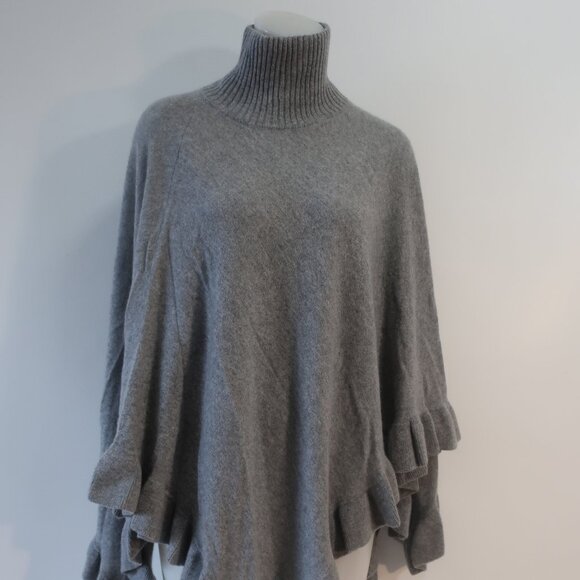 Womens Minnie Rose Grey Ruffled Trim Pure Cashmere Turtleneck Poncho Sweater O/S - Picture 4 of 11